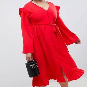 Lost Ink Midi Tea Dress with Frill Sleeve and tie waist